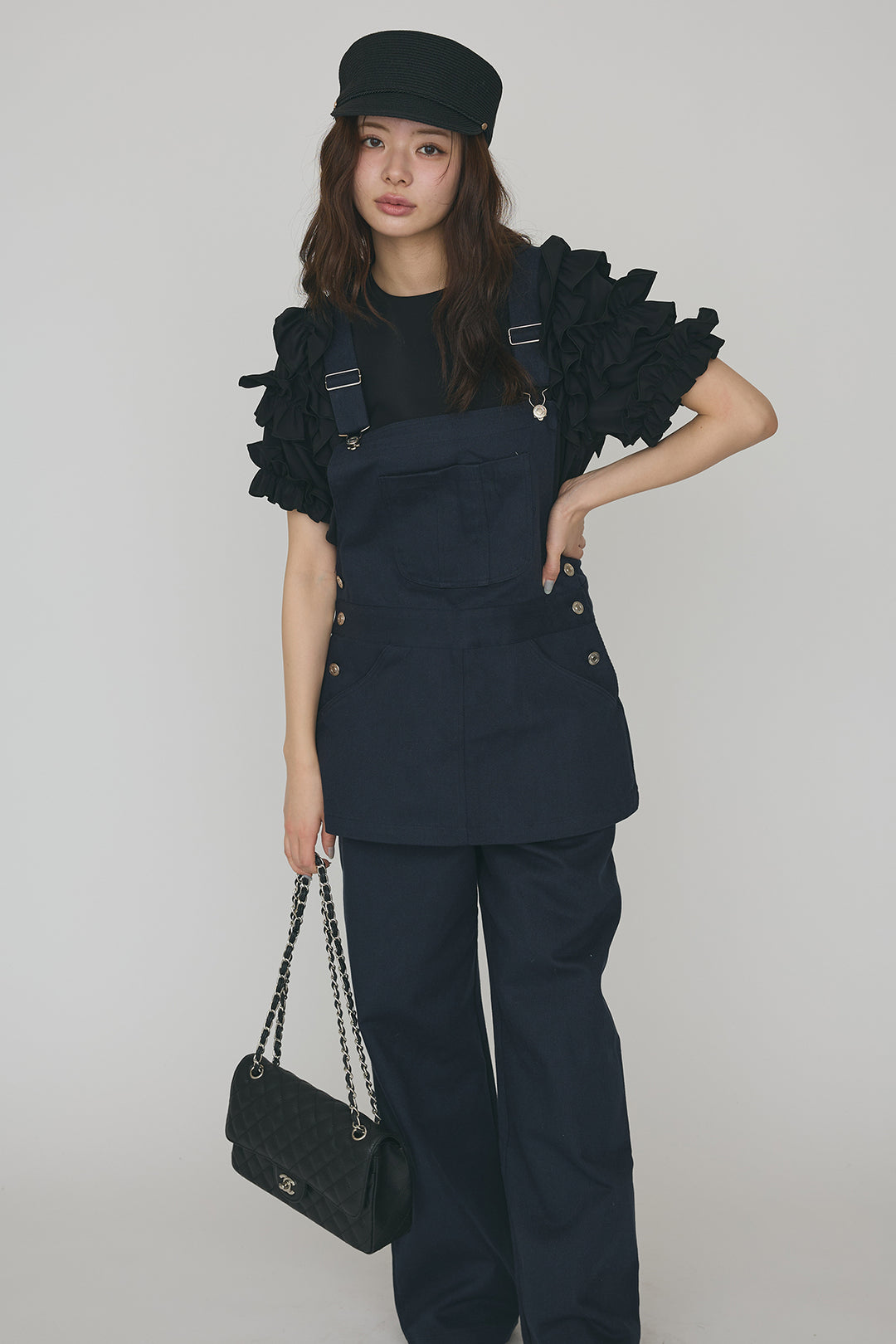 [予約/SET]フリルスリーブプルオーバーブラウス+エプロンデニムサロペ(2set)