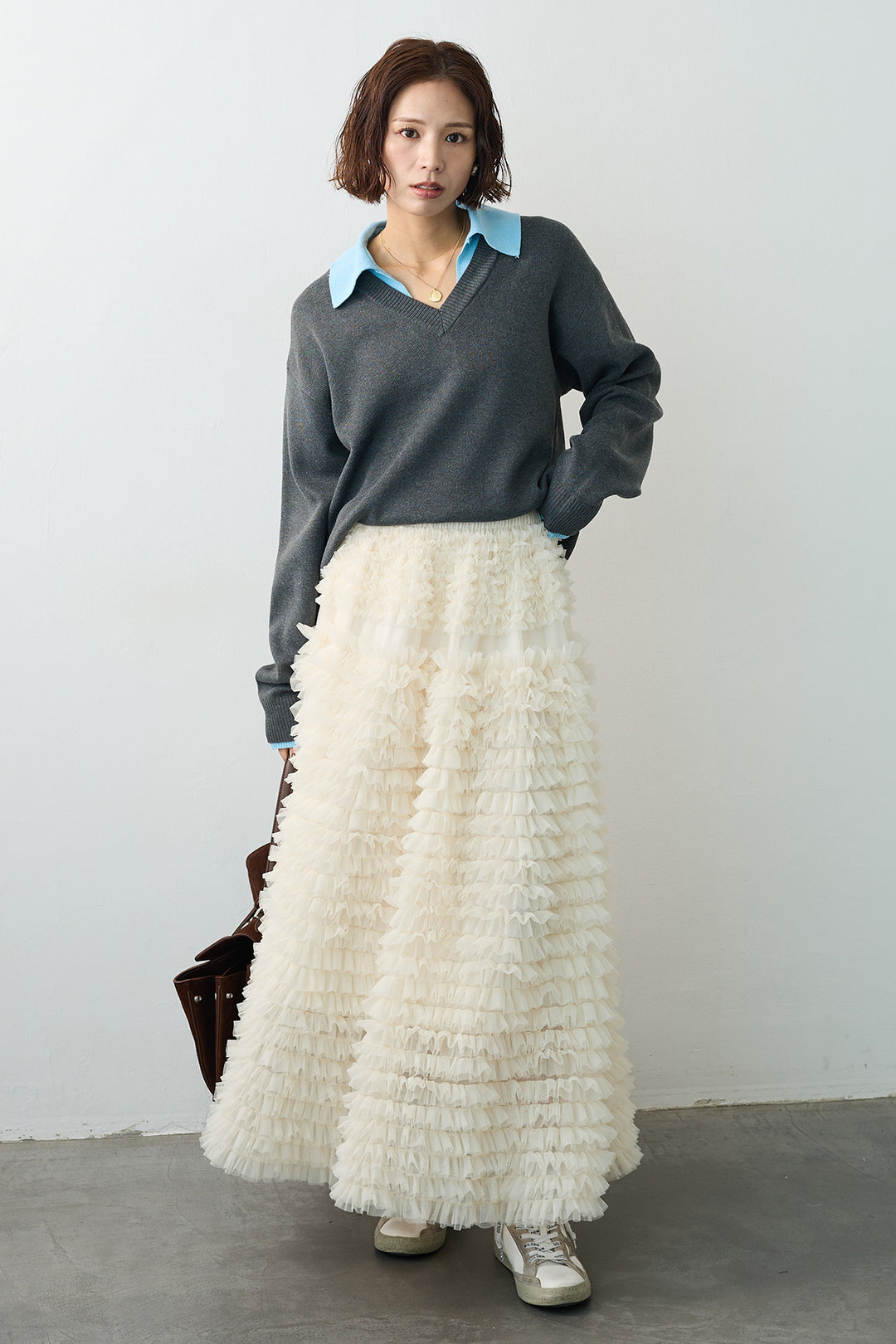 [予約/SET]配色襟レイヤード風ニット+ホイップチュールティアードスカート(2set)