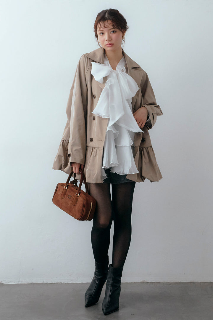 [予約/SET]フロントBIGリボンティアードエアリーチュニック+バルーンヘムミディ丈トレンチコート(2set)