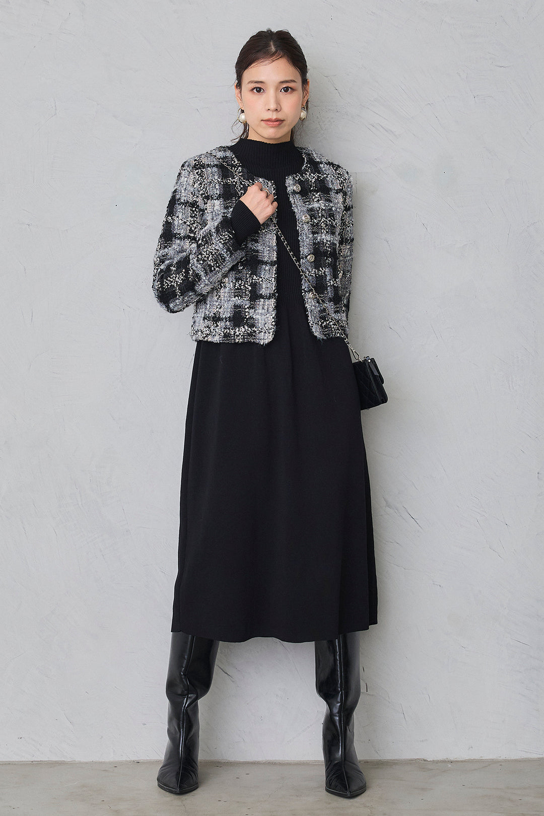 [予約/SET]ツイードチェッククロップドジャケット+リブセミフレアニットワンピース(2set)