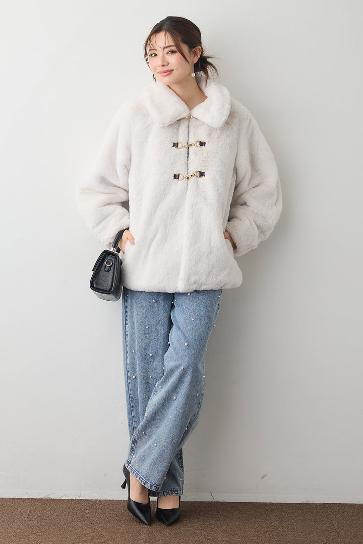[予約/SET]ビット付きフェイクファーコート+パールスタッズストレートハイウエストデニム(2set)