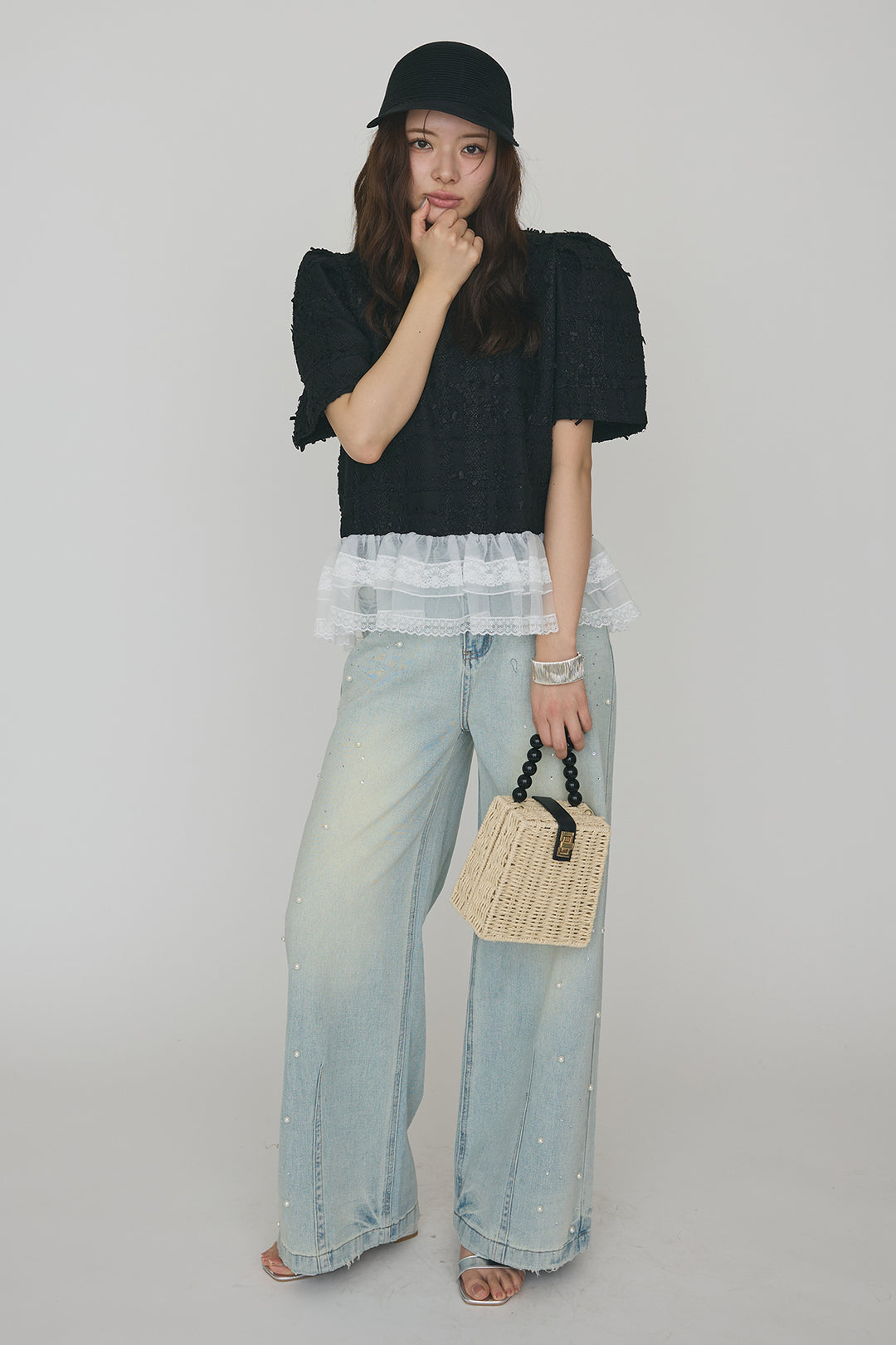 [予約/SET]サマーツイード異素材ドッキングトップス+パールラインストーンハイウエストデニム(2set)