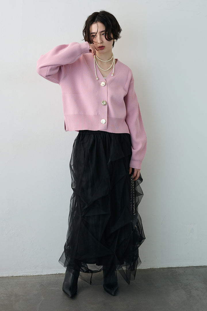 [予約/SET]スポンディッシュBIGボタンクロップドカーデ+マルチパターンタックチュールスカート(2set)