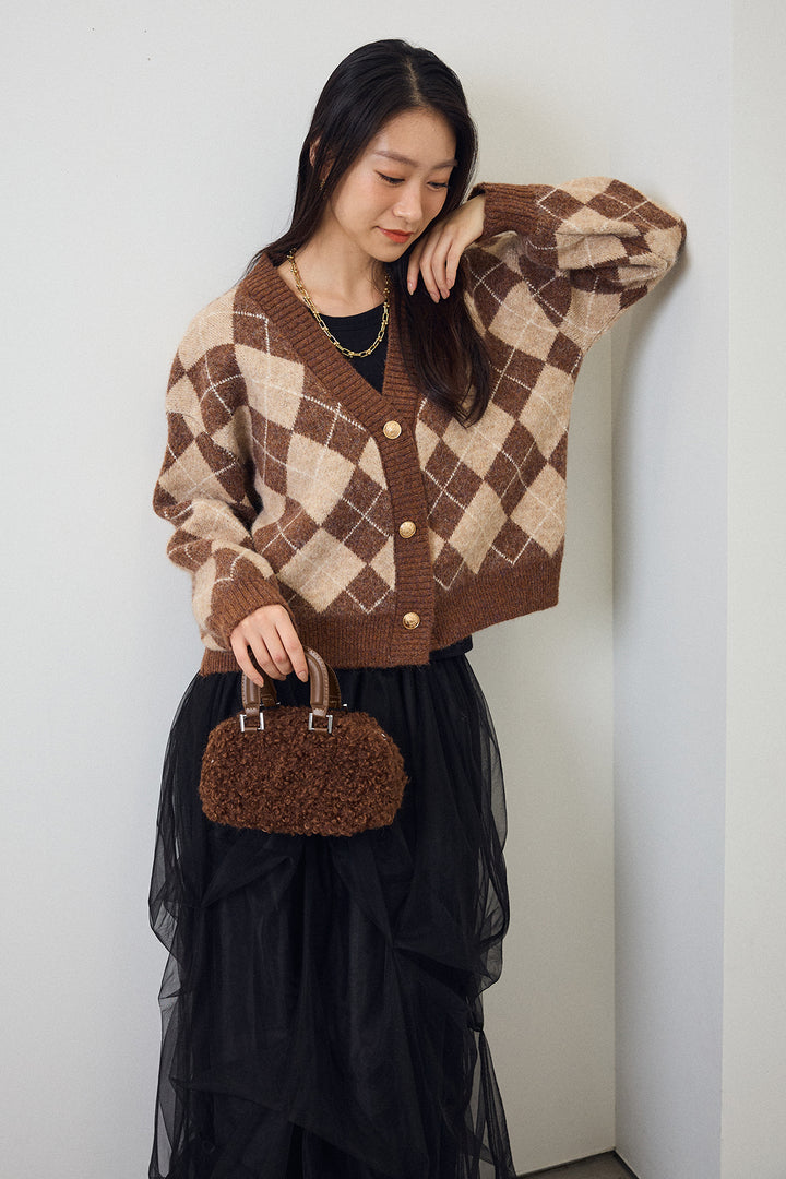 [予約/SET]アーガイル柄ゴールドボタンニットカーデ+マルチパターンタックチュールスカート(2set)