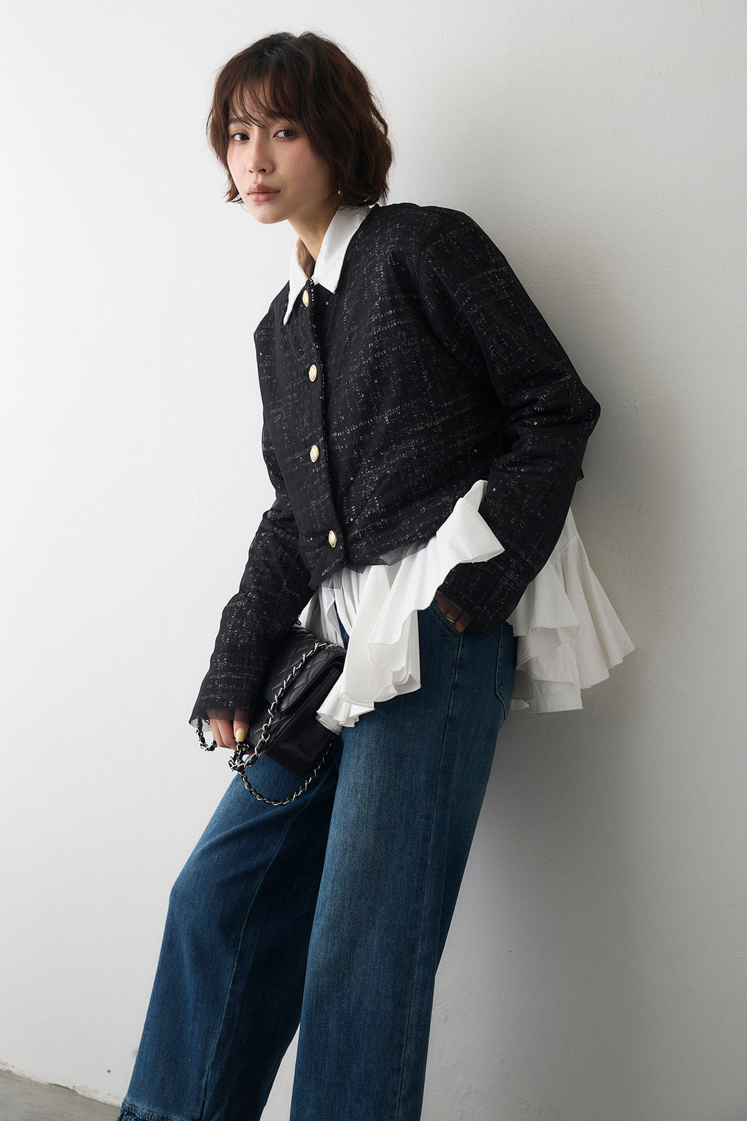 [予約/SET]パネルフレアヘムシャツ+ツイード×チュールレイヤードクロップドジャケット(2set)