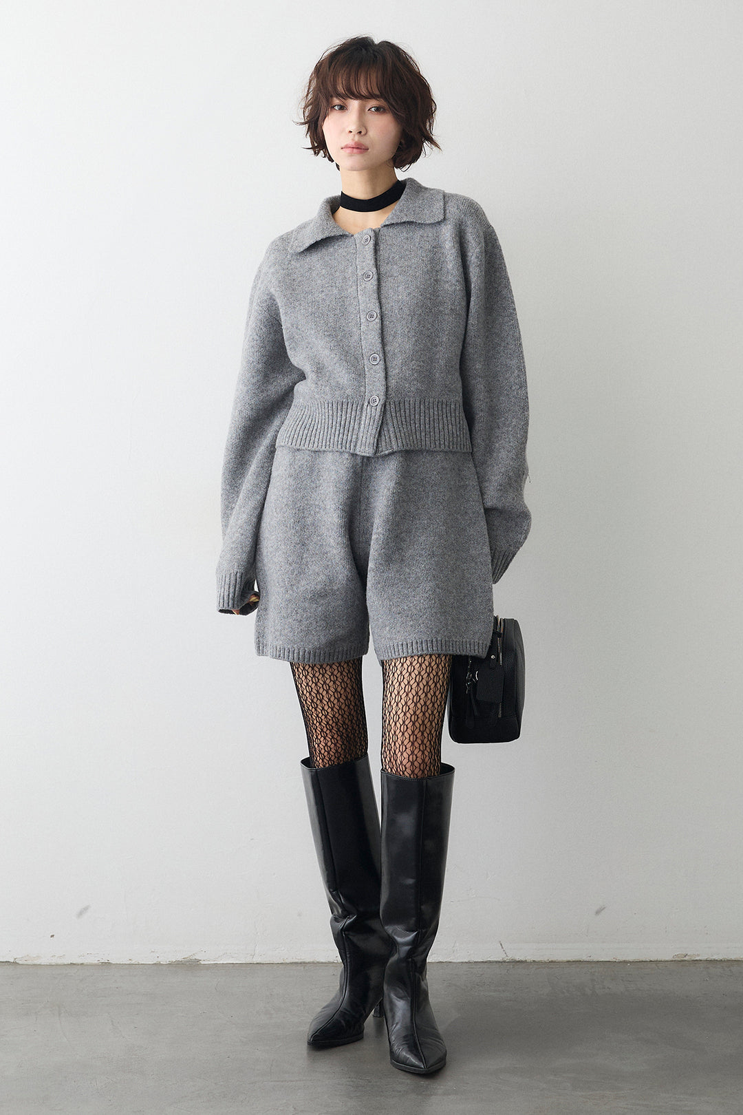 [予約/SET]メランジニットポロ襟クロップドカーデ+メランジニットショートパンツ(2set)