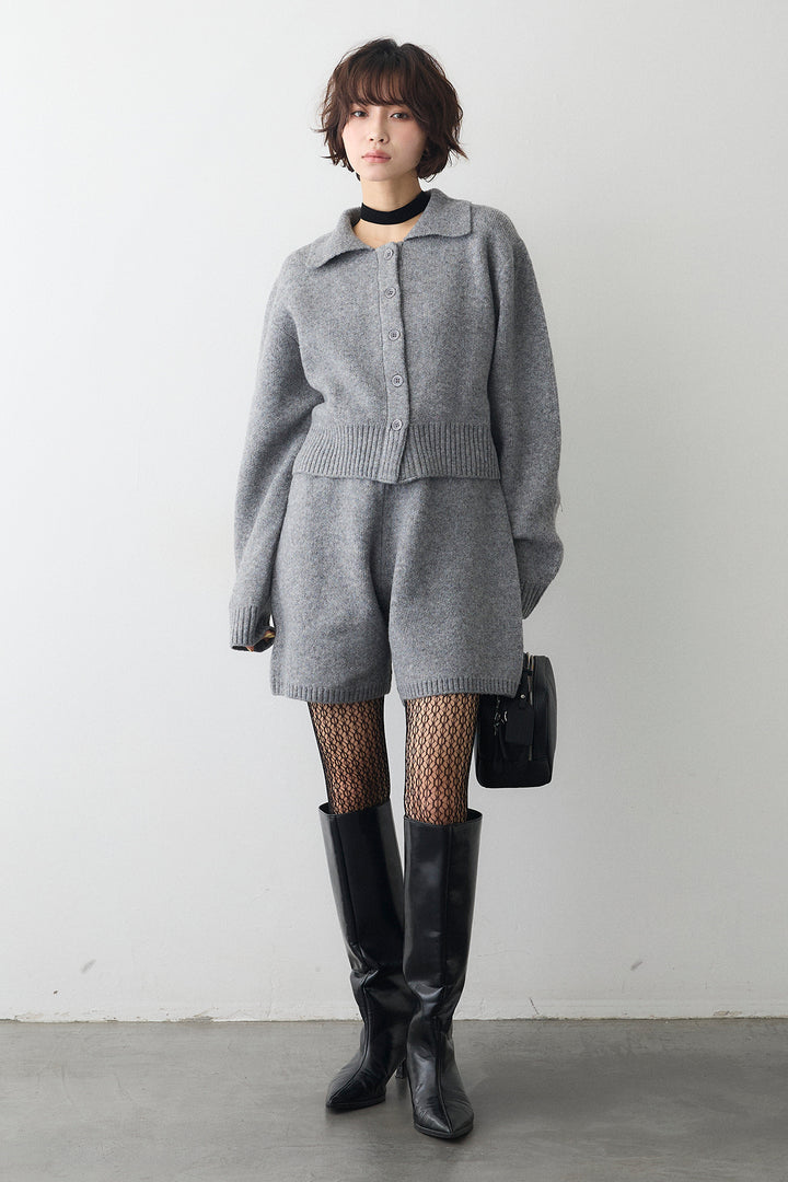 [予約/SET]メランジニットポロ襟クロップドカーデ+メランジニットショートパンツ(2set)