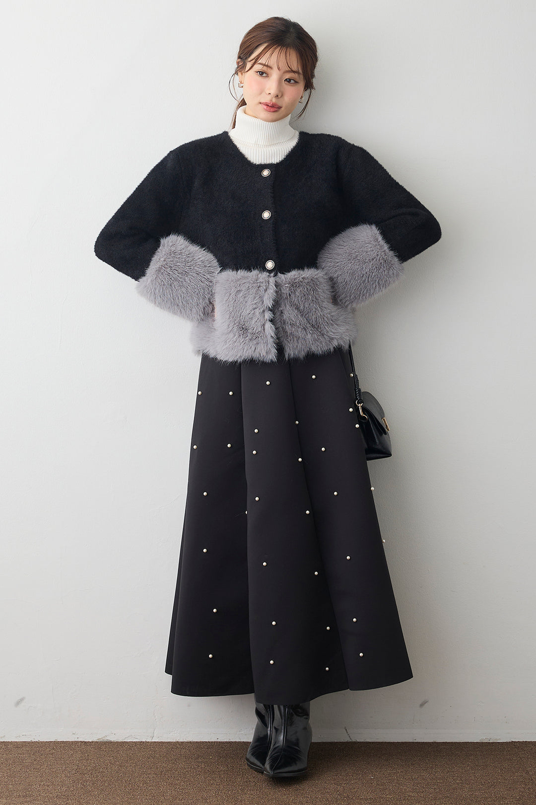 [予約/SET]配色ファードッキングコート+マルチパターンボンディングフレアスカート(2set)