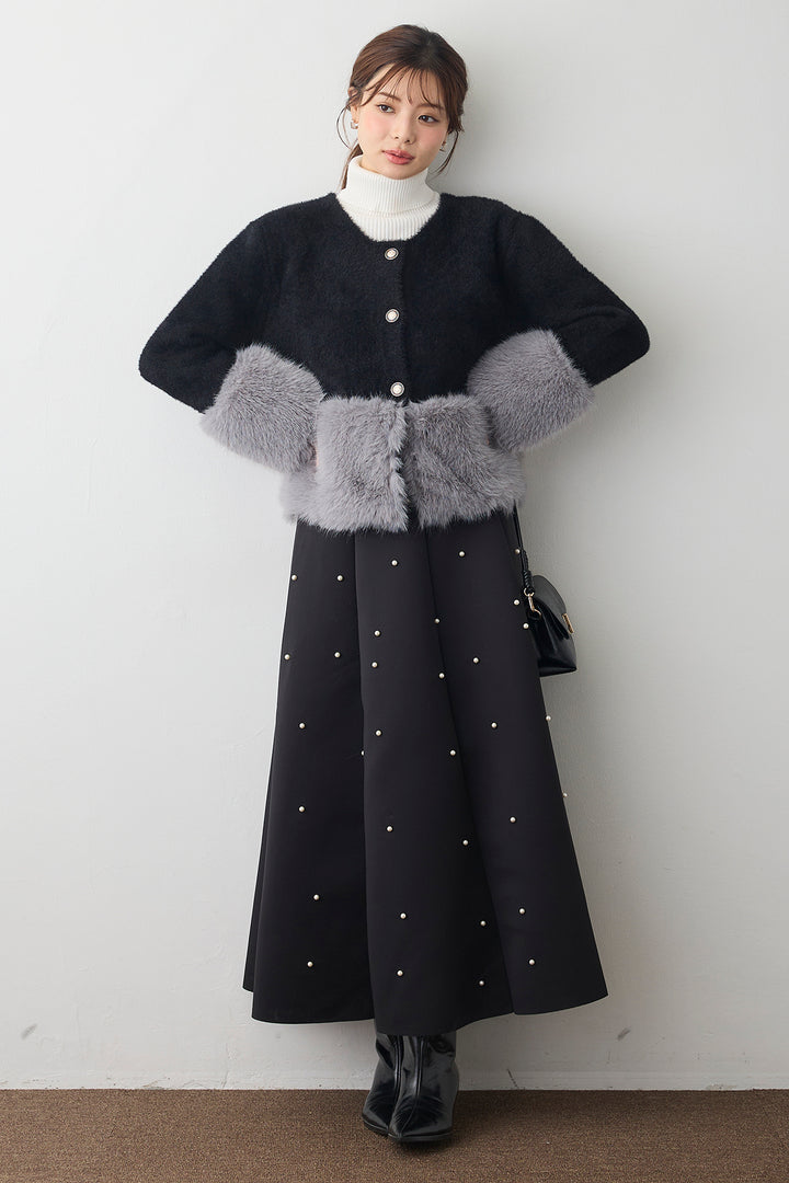 [予約/SET]配色ファードッキングコート+マルチパターンボンディングフレアスカート(2set)