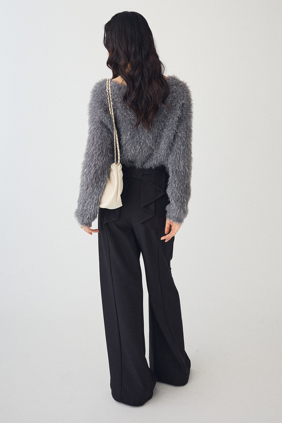 [予約/SET]ゴールドボタンラメシャギーニット+バックリボンストレートパンツ(2set)