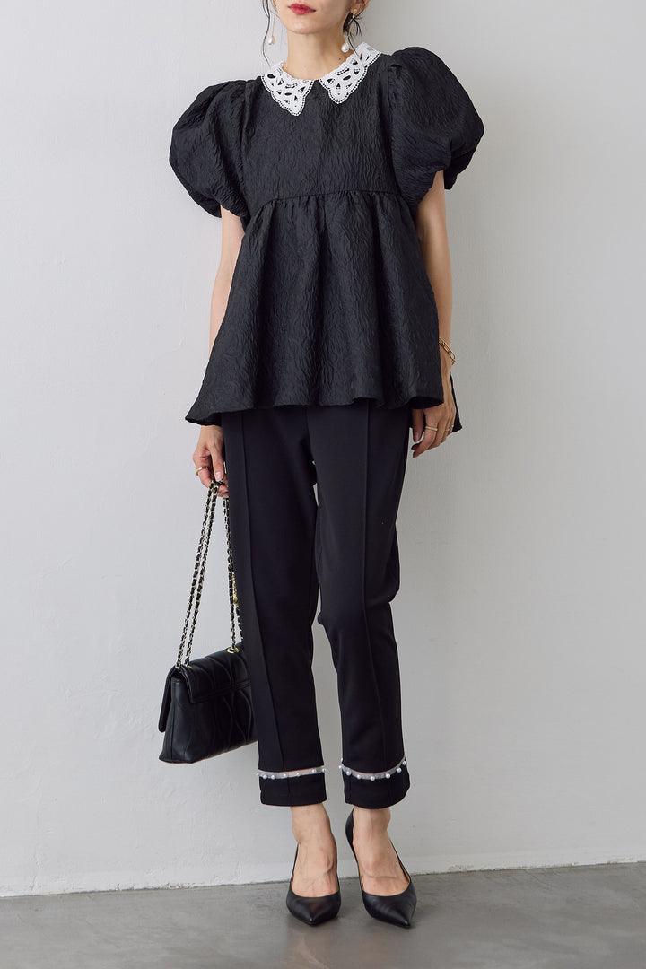[予約/SET]レース襟パフスリーブワッシャーブラウス+シアーパールヘムテーパードパンツ(2set)