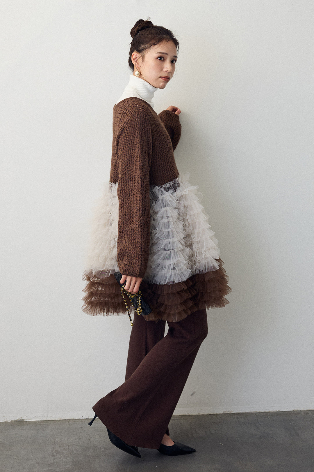 [予約/SET]ホイップチュールドッキングニットワンピ+リブストレッチフレアニットパンツ(2set)