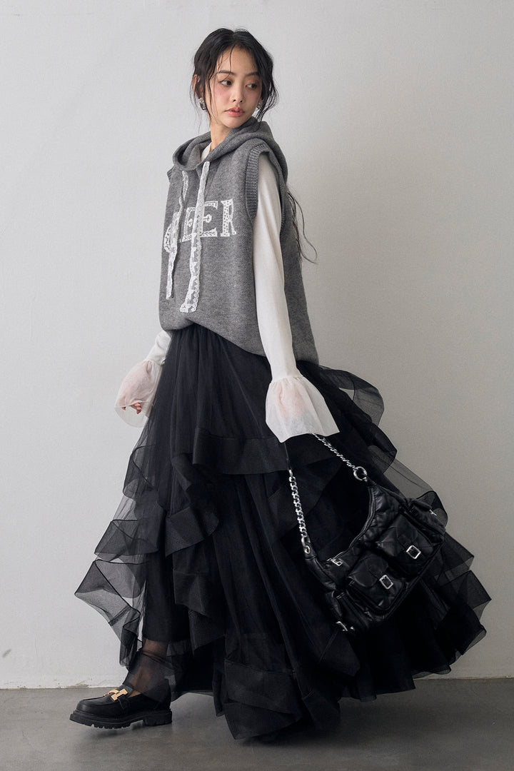 [予約/SET]レースリボンロゴフードスリーブレスニット+ランダムフリルティアードボリュームスカート(2set)