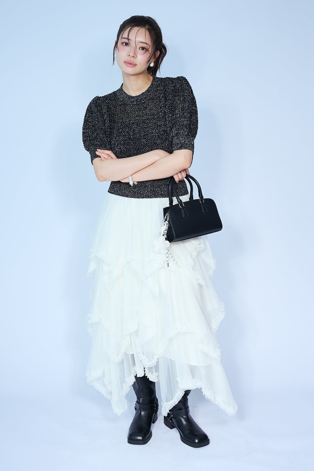 [予約/SET]ラメ混パフスリーブハーフスリーブニット+ムードチュールフリルスカート(2set)