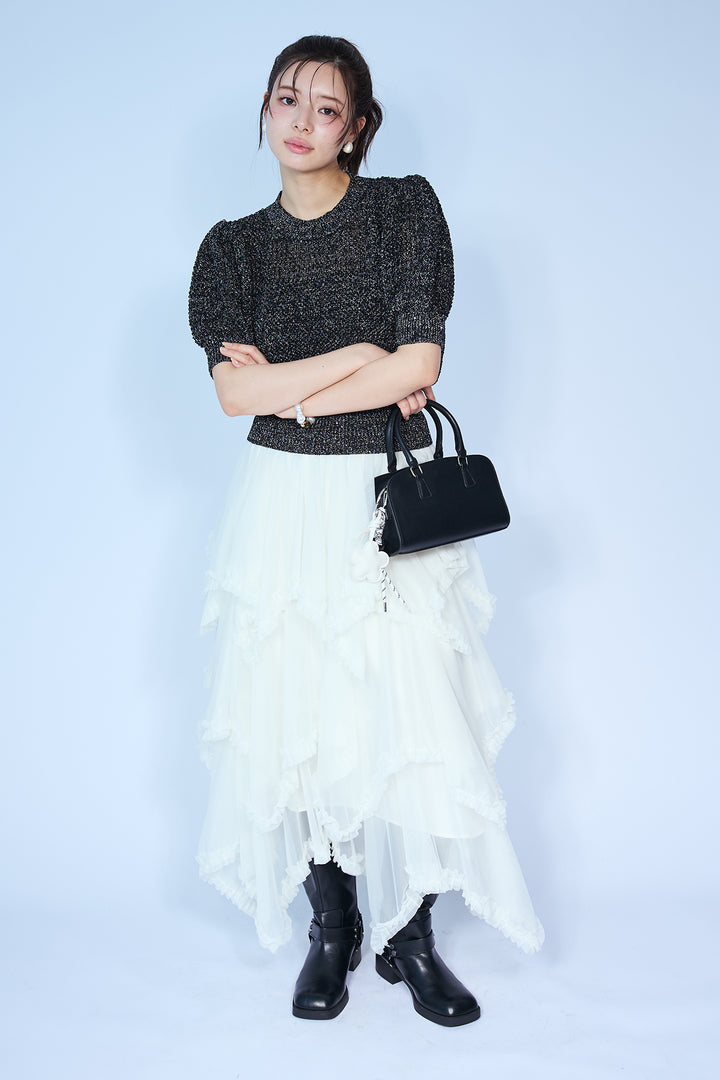 [予約/SET]ラメ混パフスリーブハーフスリーブニット+ムードチュールフリルスカート(2set)