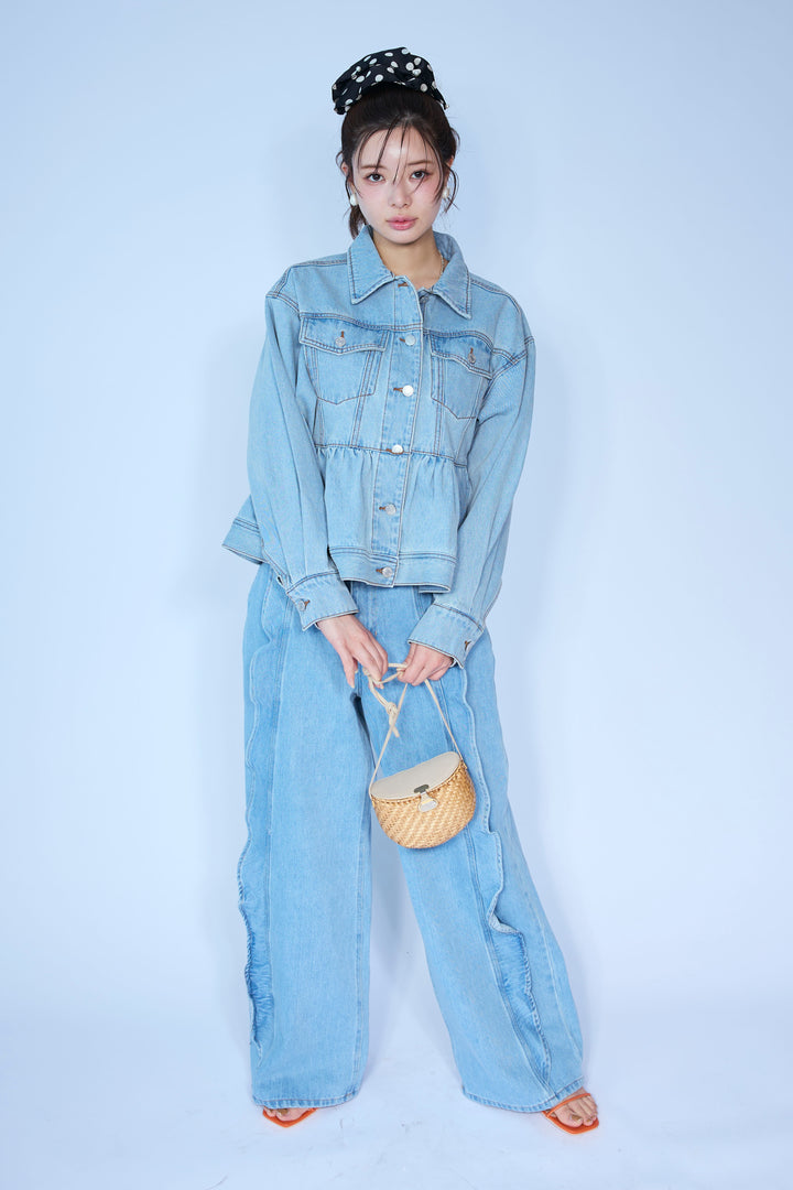 [予約/SET]ペプラムデニムジャケット+フリルウェーブデニムパンツ(2set)