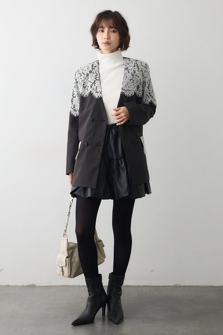 [予約/SET]ベーシックリブタートルニット+ショルダーレースデザインジャケット+フェイクレザーティアードバルーンミニスカート(3set)