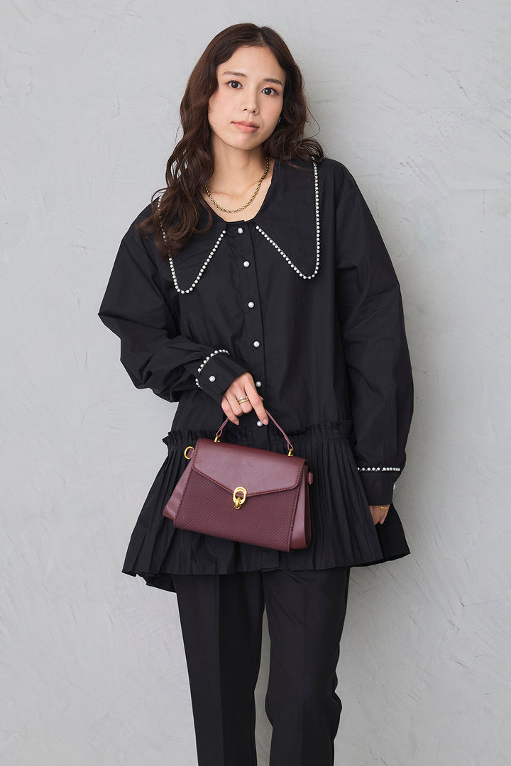 [予約/SET]パールライン襟×プリーツシャツ+タックテーパードパンツ(2set)