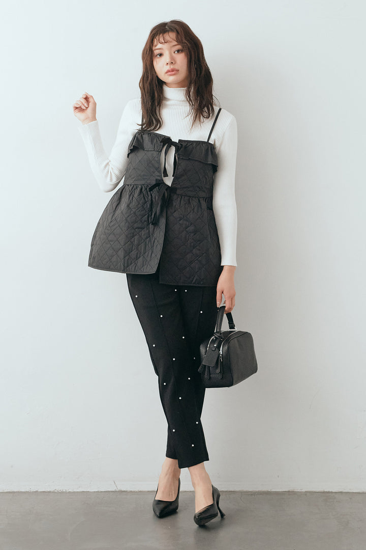 [予約/SET]ベーシックリブタートルニット+ダイヤキルトキャミビスチェ+センターシームランダムパールパンツ(3set)