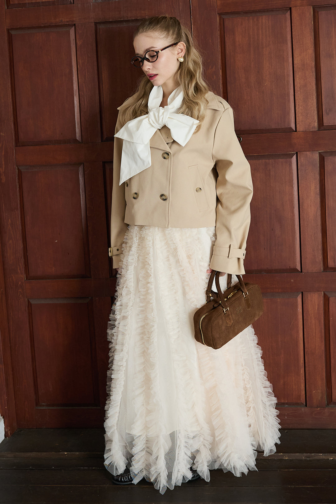 [予約/SET]BIGリボン綿ブラウス+クラシカルショートトレンチ+Iラインホイップチュールスカート(3set)