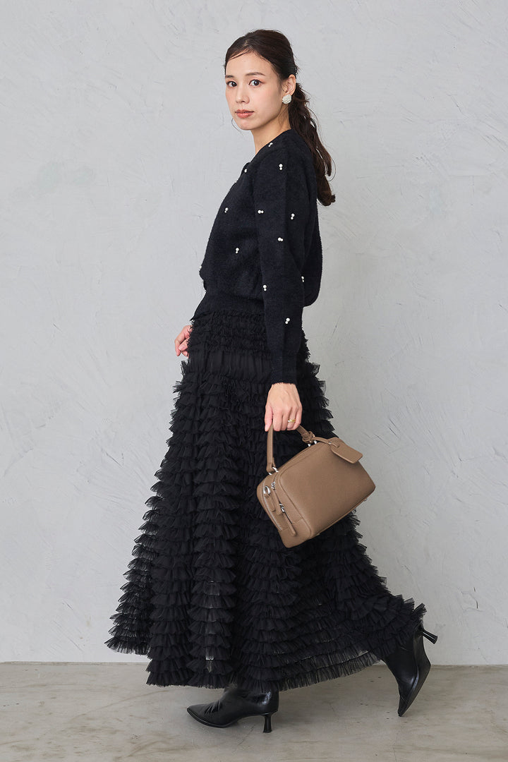 [予約/親子SET]ミックスパールシャギーコーディガン+ホイップチュールティアードスカート+[kids]刺繍ビースニットカーデ＋ホイップチュールスカートセット(3set)