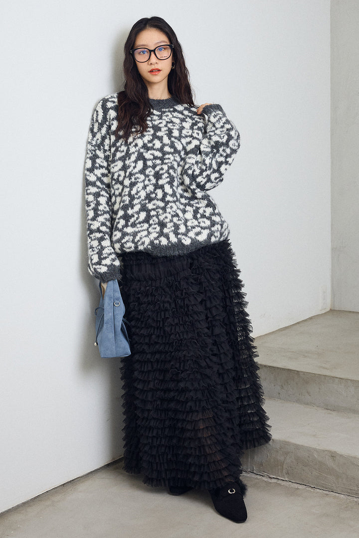 [予約/SET]レオパードクルーネックニットプルオーバー+ホイップチュールティアードスカート(2set)