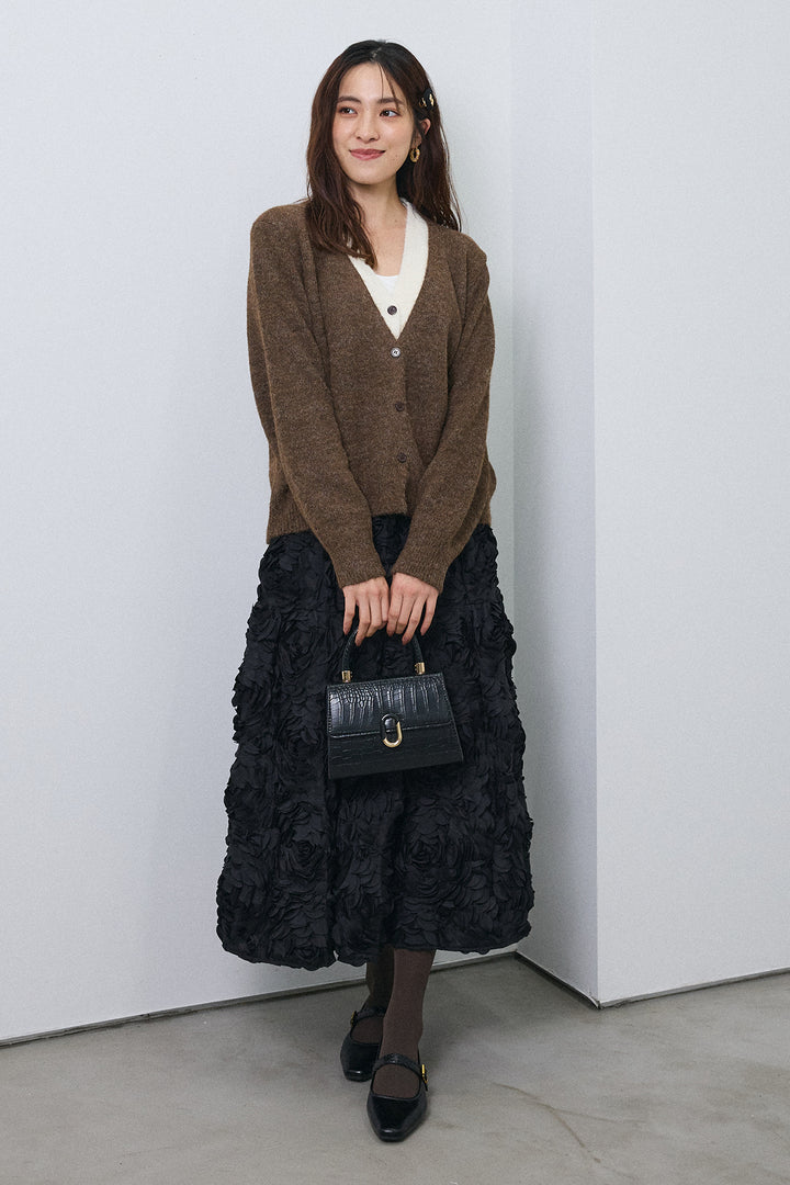 [予約/SET]配色レイヤードニットカーデ+ローズフラワー立体フレアスカート(2set)