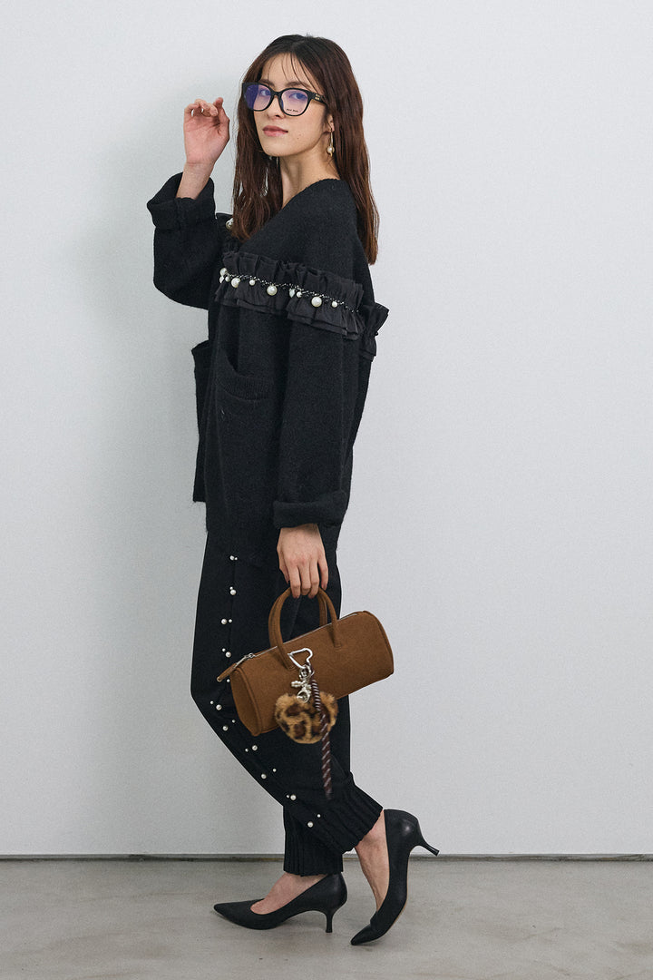 [予約/SET]フリルパールドッキングニットコーディガン+サイドパール裾タックジョガーパンツ(2set)