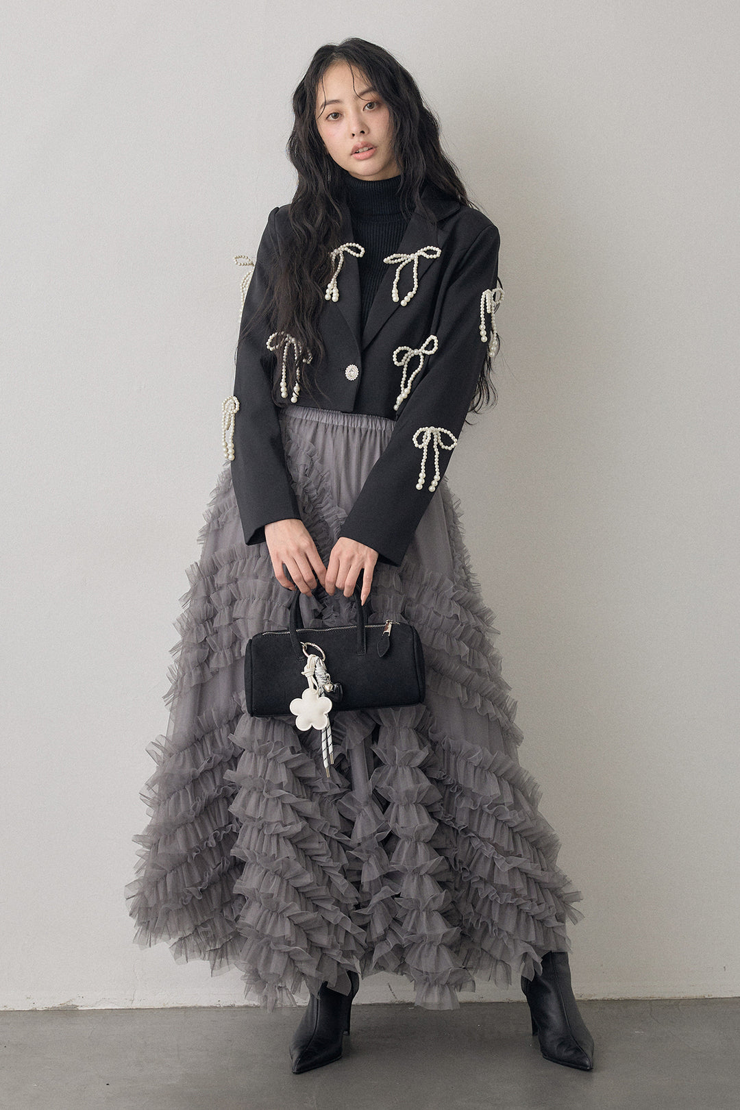 [予約/SET]パールリボンクロップドジャケット+スフレアシメチュールスカート(2set)