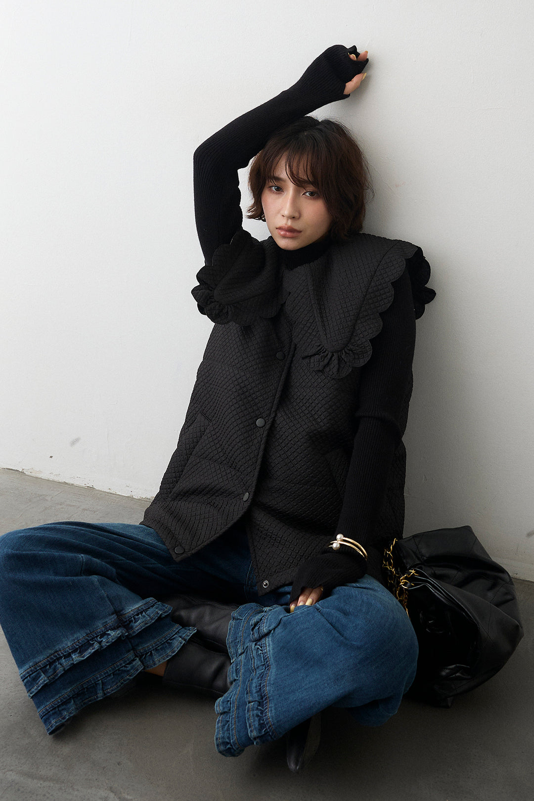 [予約/SET]ベーシックフィンガーホールリブニット+スカラップBIGカラーベスト(2set)