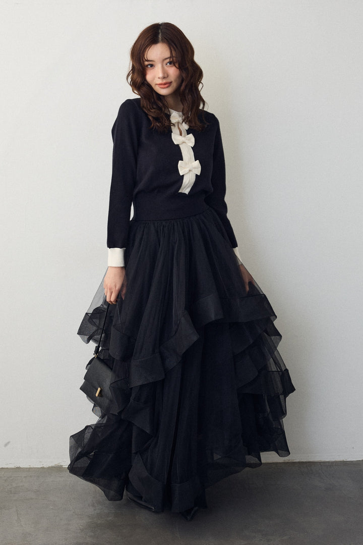 [予約/SET]フロントリボンモチーフカーデ+ランダムフリルティアードボリュームスカート(2set)