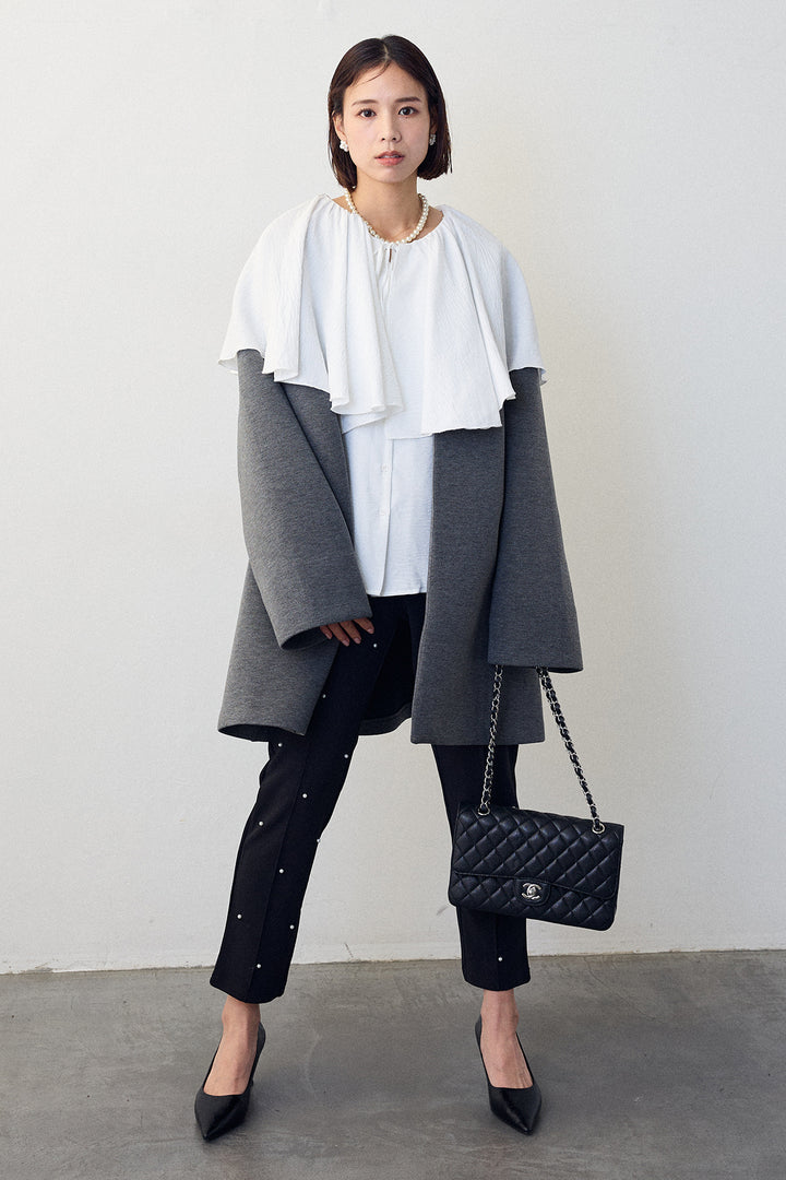 [予約/SET]BIGフリルカラーブラウス+フリルポケットボンディングノーカラーコート+センターシームランダムパールパンツ(3set)