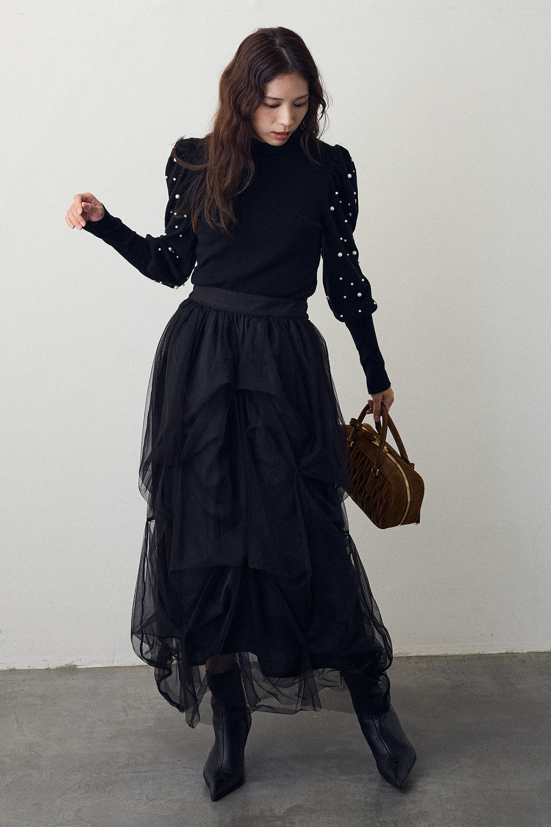 [予約/SET]パフスリーブランダムパールニット+マルチパターンタックチュールスカート(2set)