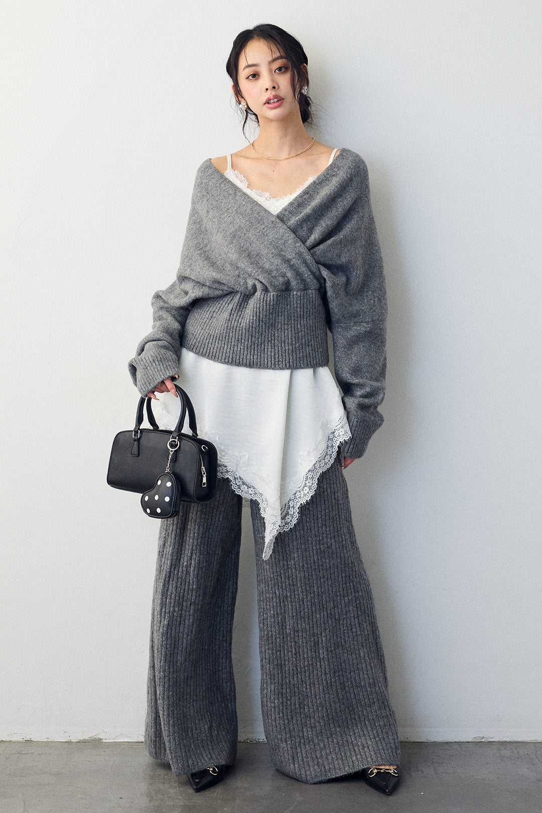 [予約/SET]カシュクール美ラインニットセットアップ+サテンレースアシメキャミ(2set)