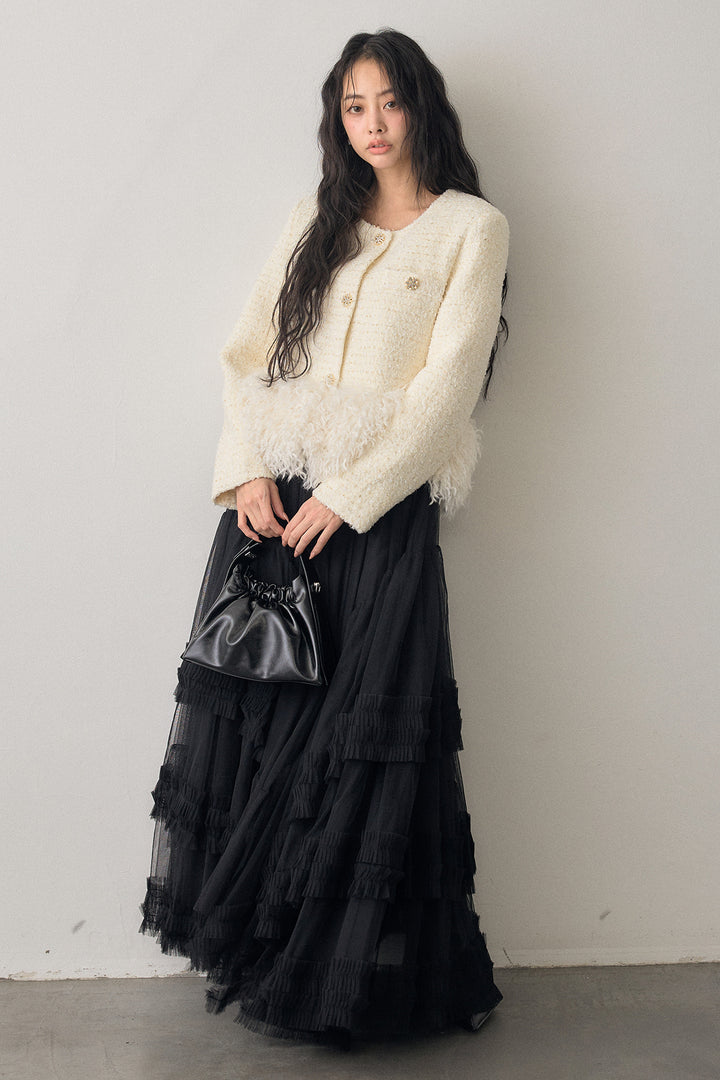 [予約/SET]中綿ツイードロングファードッキングジャケット+フェアリードレープチュールスカート(2set)