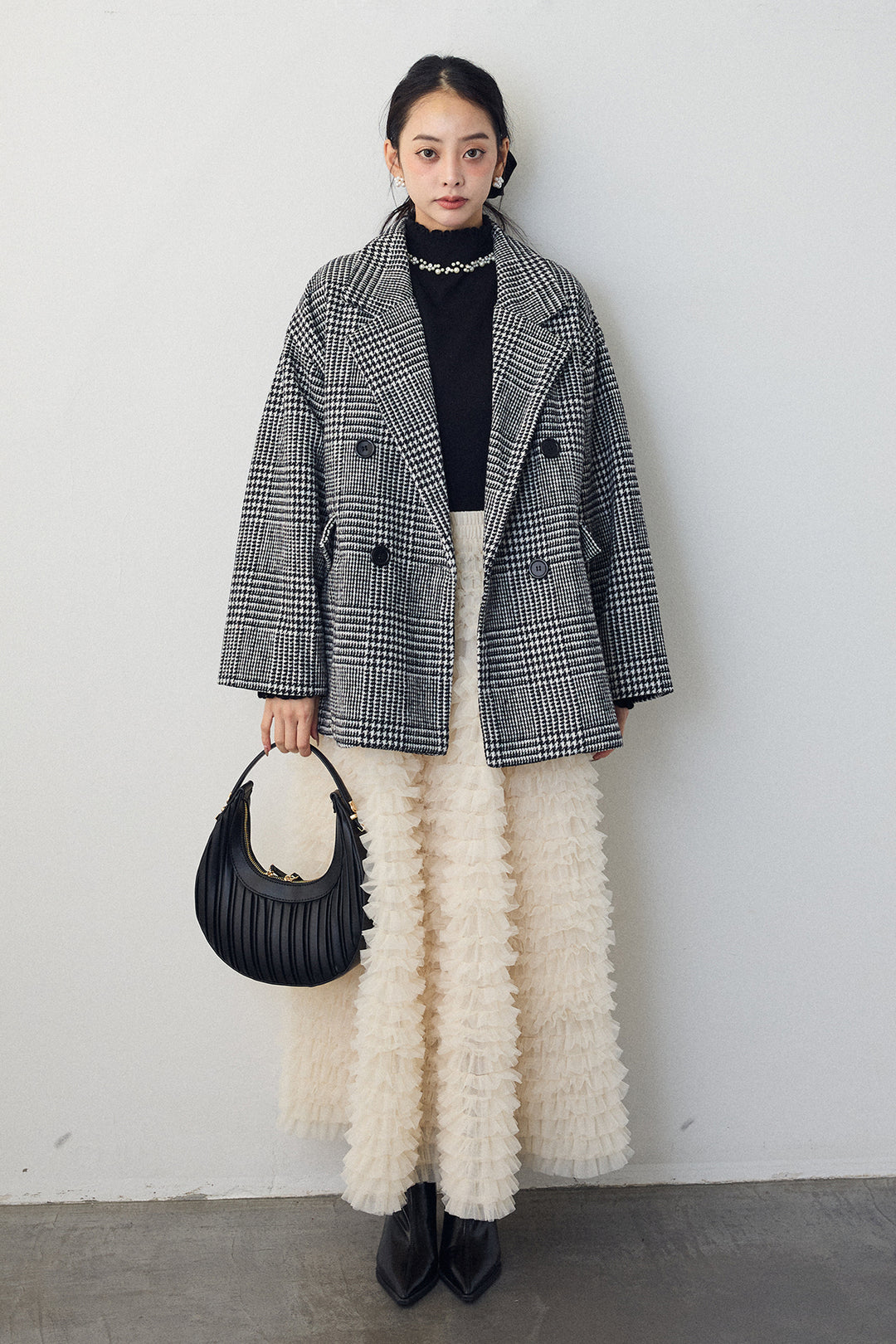 [予約/SET]ネックショルダーパールポイントニット+チェック柄ボクシーコート+ホイップチュールティアードスカート(3set)