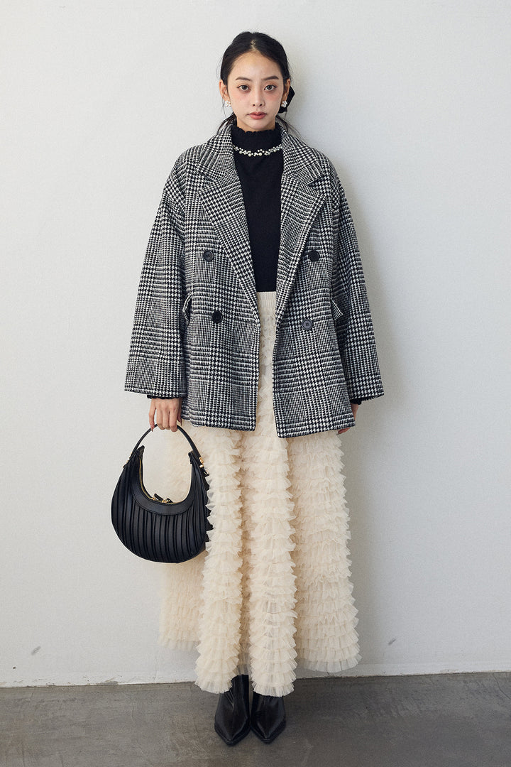 [予約/SET]ネックショルダーパールポイントニット+チェック柄ボクシーコート+ホイップチュールティアードスカート(3set)