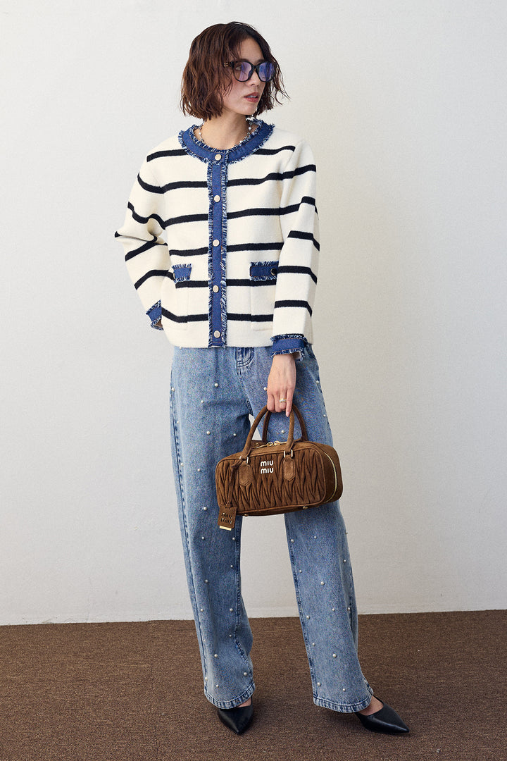 [予約/SET]デニムドッキングマルチパターンカーデ+パールスタッズストレートハイウエストデニム(2set)