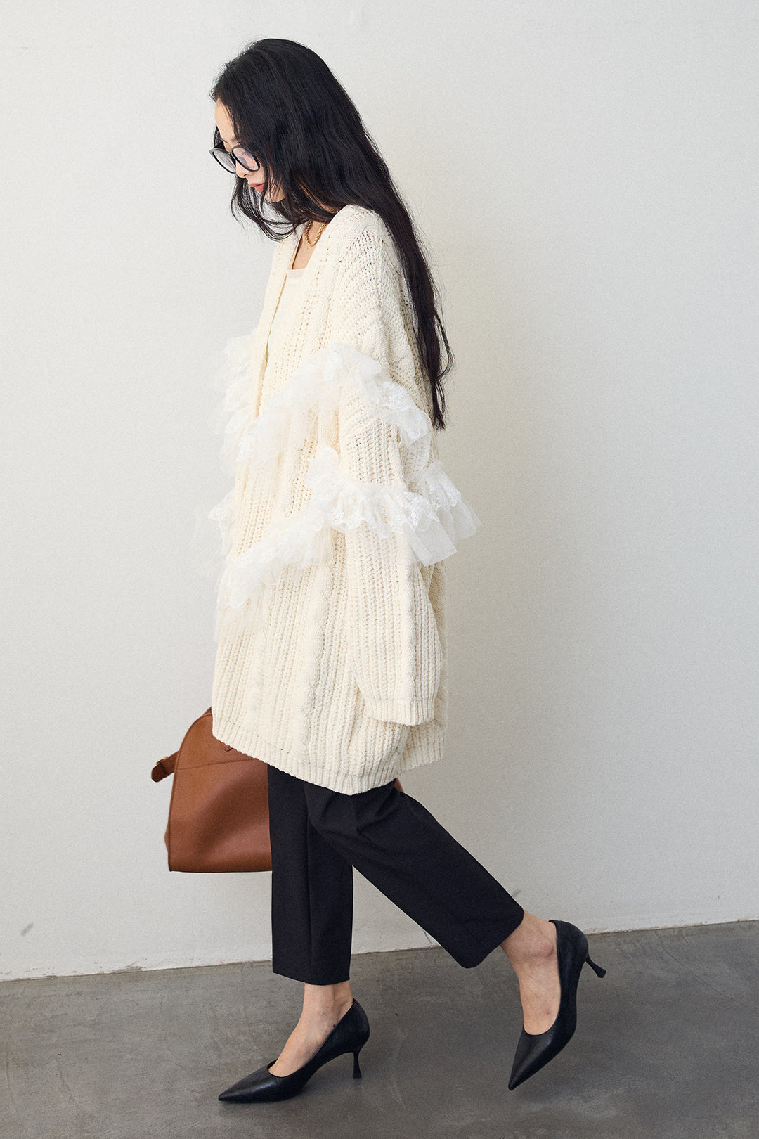 [予約/SET]ラッフルレースドッキングニットBIGカーデ+タックテーパードパンツ(2set)