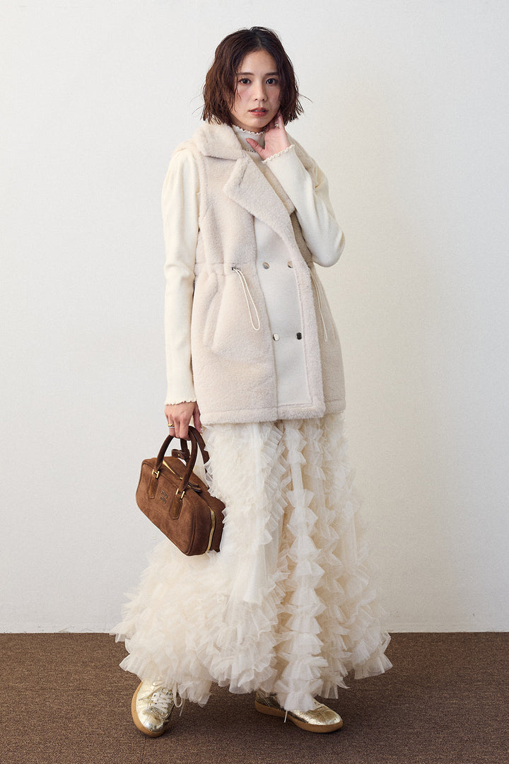 [予約/SET]ネックショルダーパールポイントニット+テディボアウエストドロストベスト(2set)