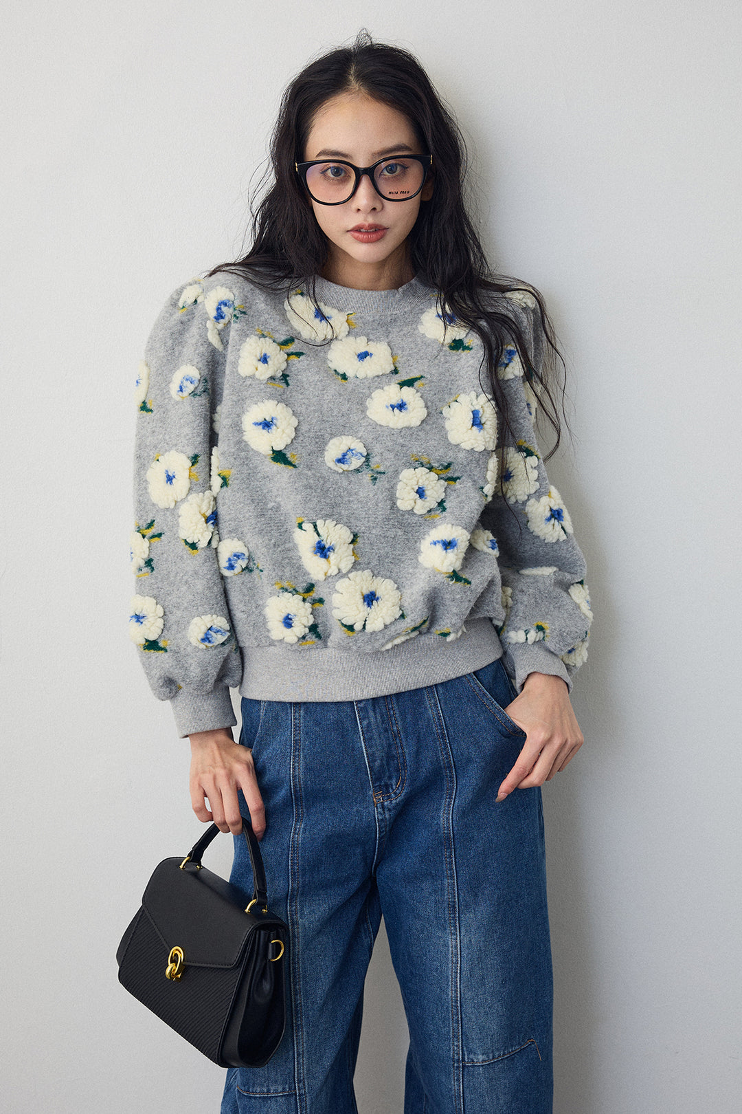 [予約/SET]ボアフラワーモチーフニット+ステッチ美ラインカーブデニムパンツ(2set)