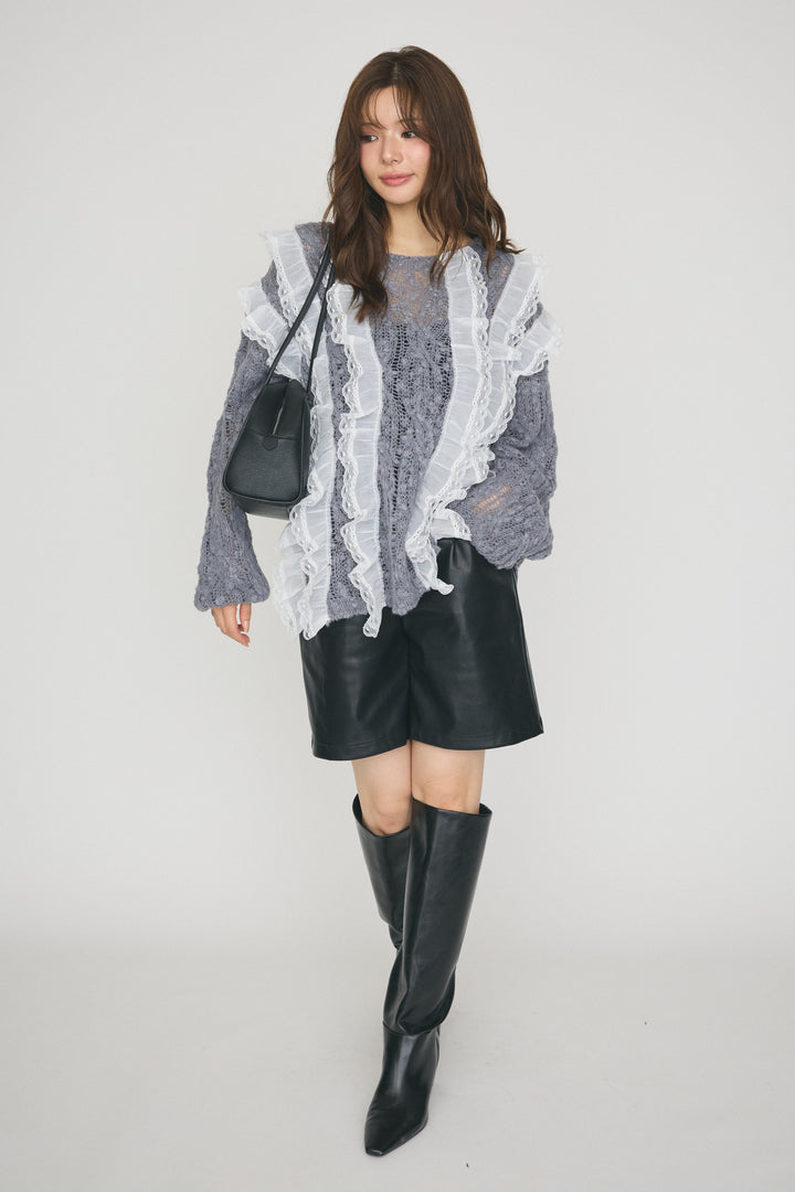 [予約/SET]シアーフリルデコレーションニット+フェイクレザーベーシックパンツ(2set)