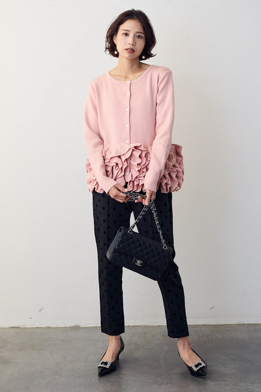 [予約/SET]フリルホイップニットカーディガン+ドット柄センターラインテーパードパンツ(2set)