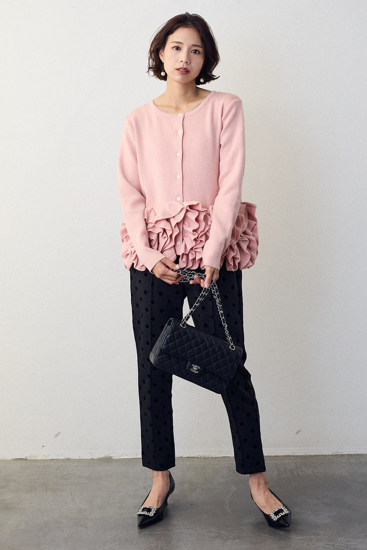 [予約/SET]フリルホイップニットカーディガン+ドット柄センターラインテーパードパンツ(2set)