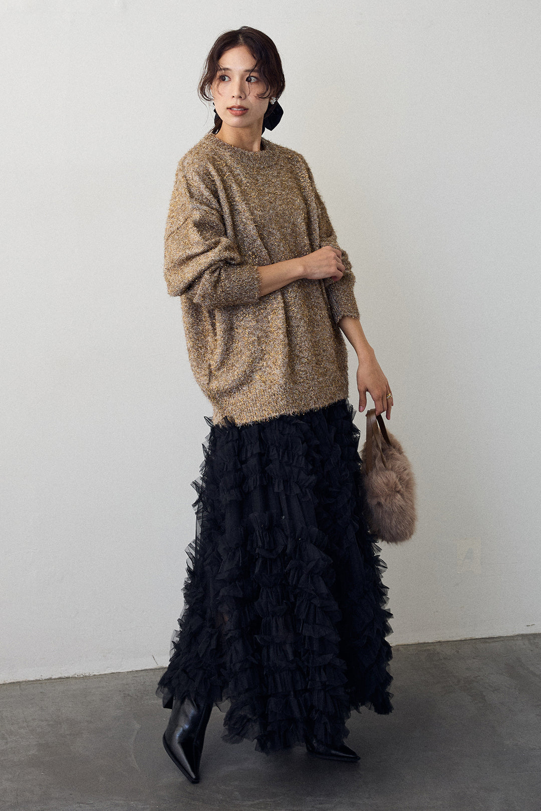 [予約/SET]グリッターラメニット+スフレアシメチュールスカート(2set)