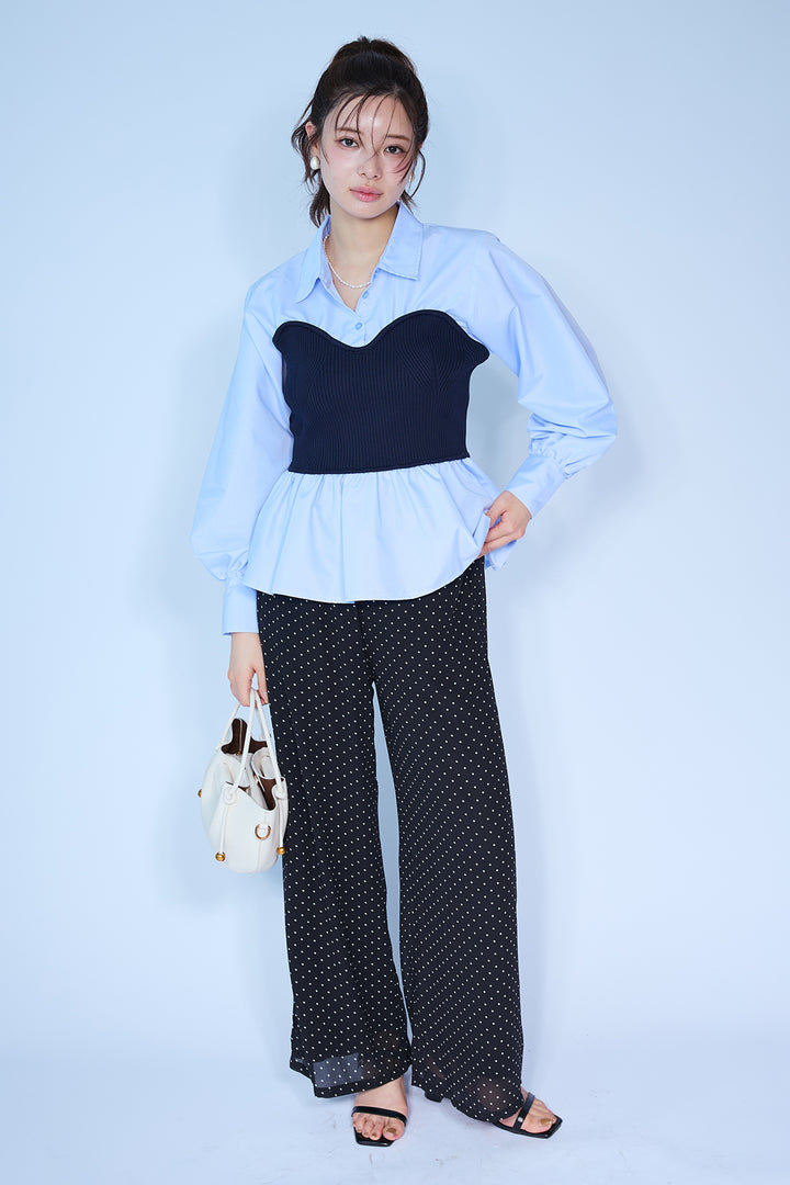 [予約/SET]ビスチェニットドッキングペプラムブラウス+シアードットリラックスパンツ(2set)