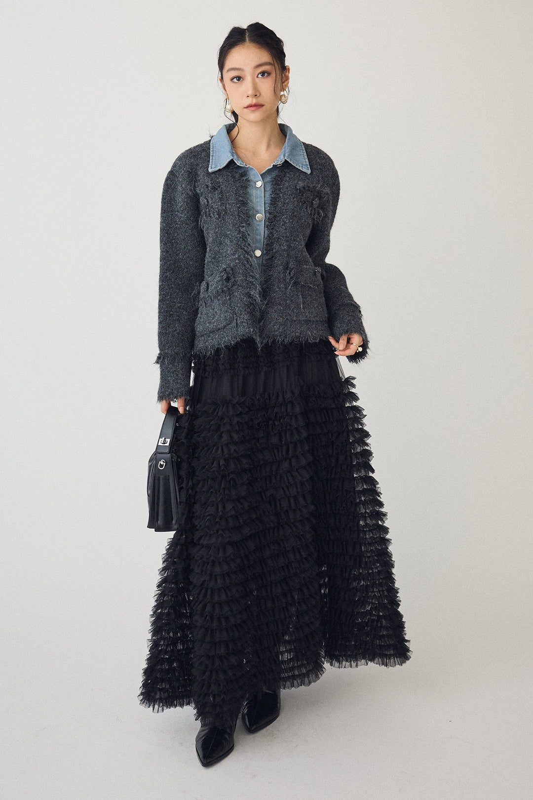 [予約/SET]デニムシャツドッキングツイードカーデ+ホイップチュールティアードスカート(2set)