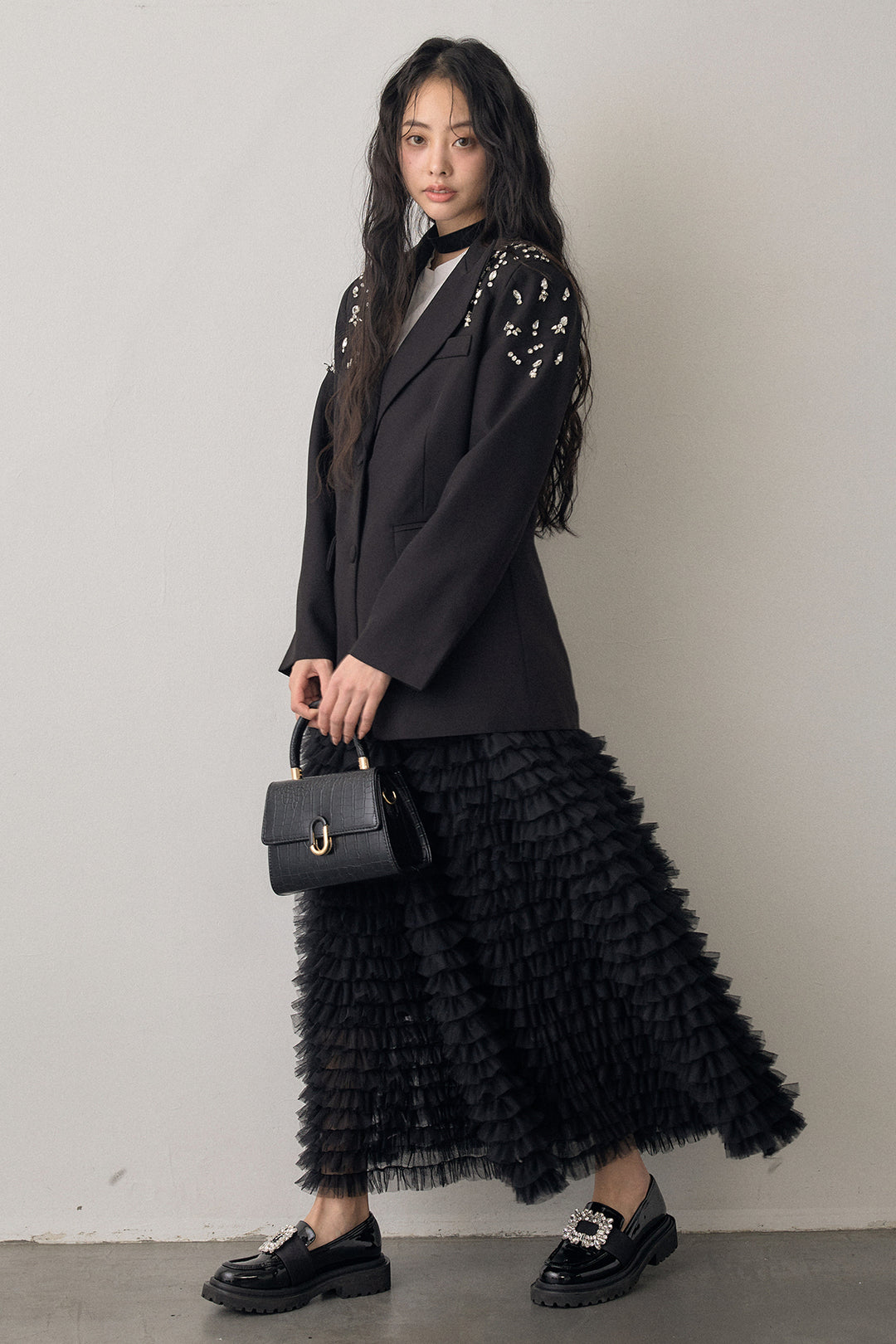 [予約/SET]ショルダービジューマニッシュジャケット+ホイップチュールティアードスカート(2set)