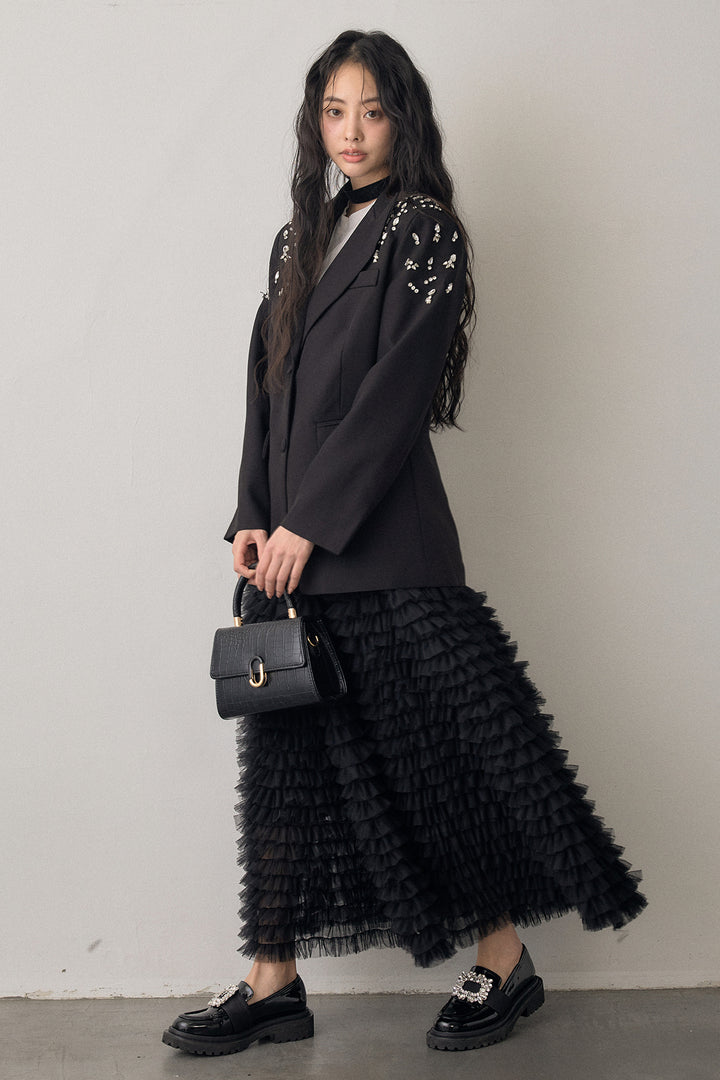 [予約/SET]ショルダービジューマニッシュジャケット+ホイップチュールティアードスカート(2set)