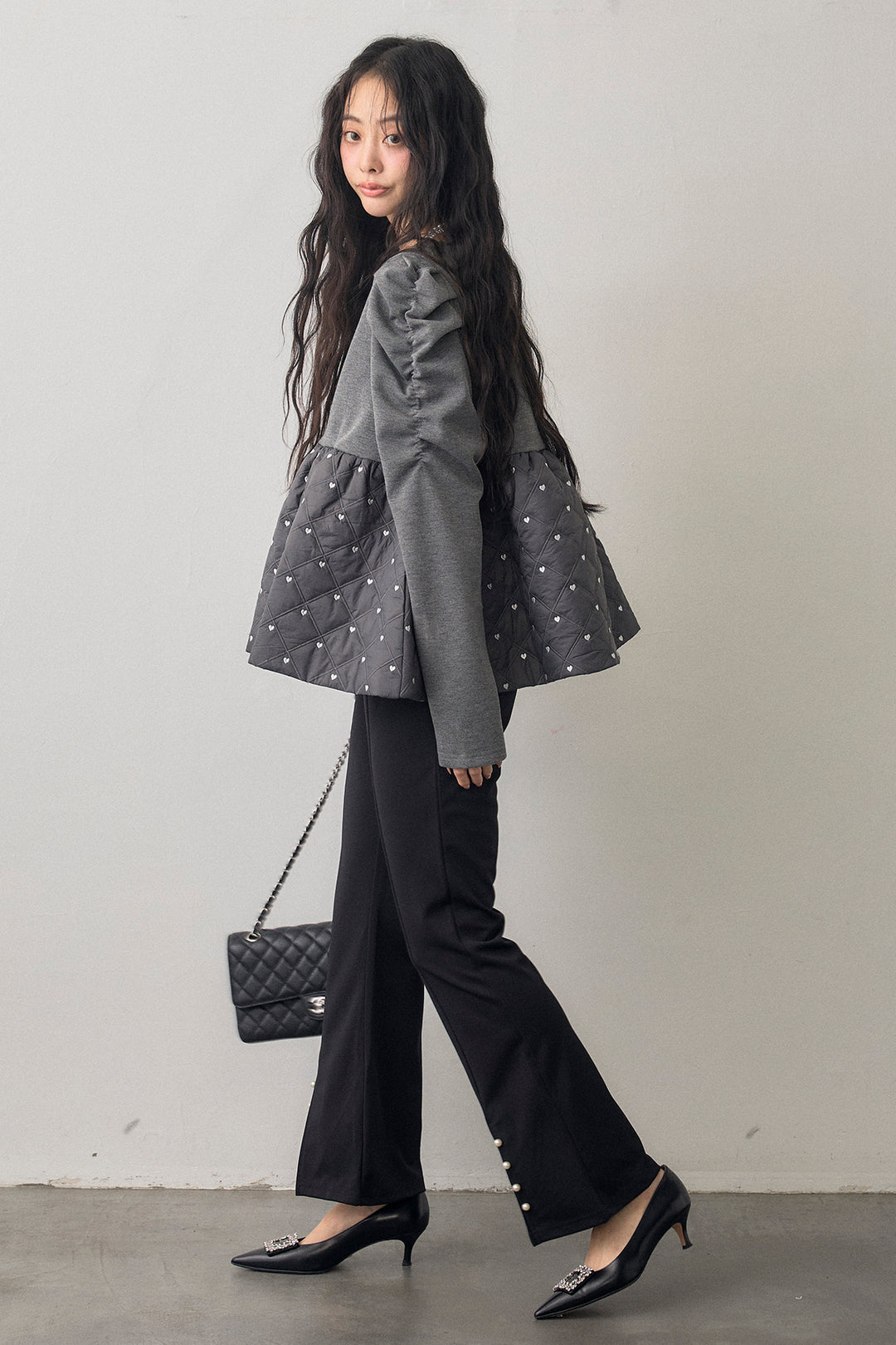 [予約/SET]ハートキルティングドッキングぺプラムチュニック+センタースリットパールパンツ(2set)